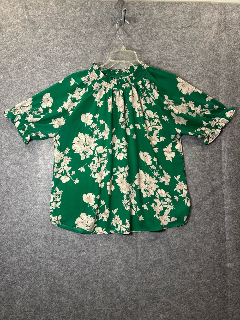 Sienna Sky Top Womens Medium Green Floral Ruffle Neck Puff Sleeve Office Blouse - Picture 6 of 16
